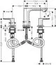 Hansgrohe Waschtischarmatur in einem 3-Loch-Design. Technische Skizze mit Maßangaben, einschließlich Anschlussdetails für Wasserleitungen.